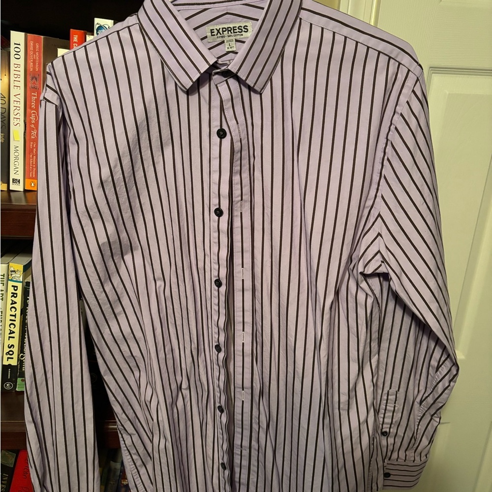 Express Men's Purple and Brown Pinstripe Dress Shirt